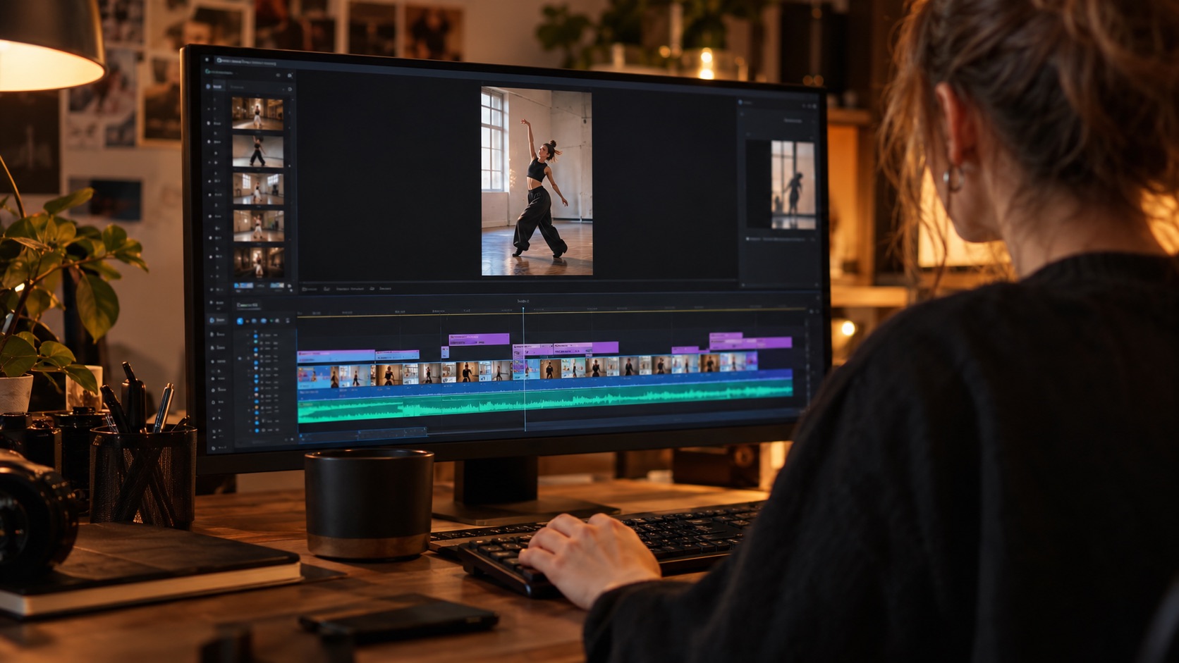A finished dance clip being reworked on a timeline of warm-lit frames