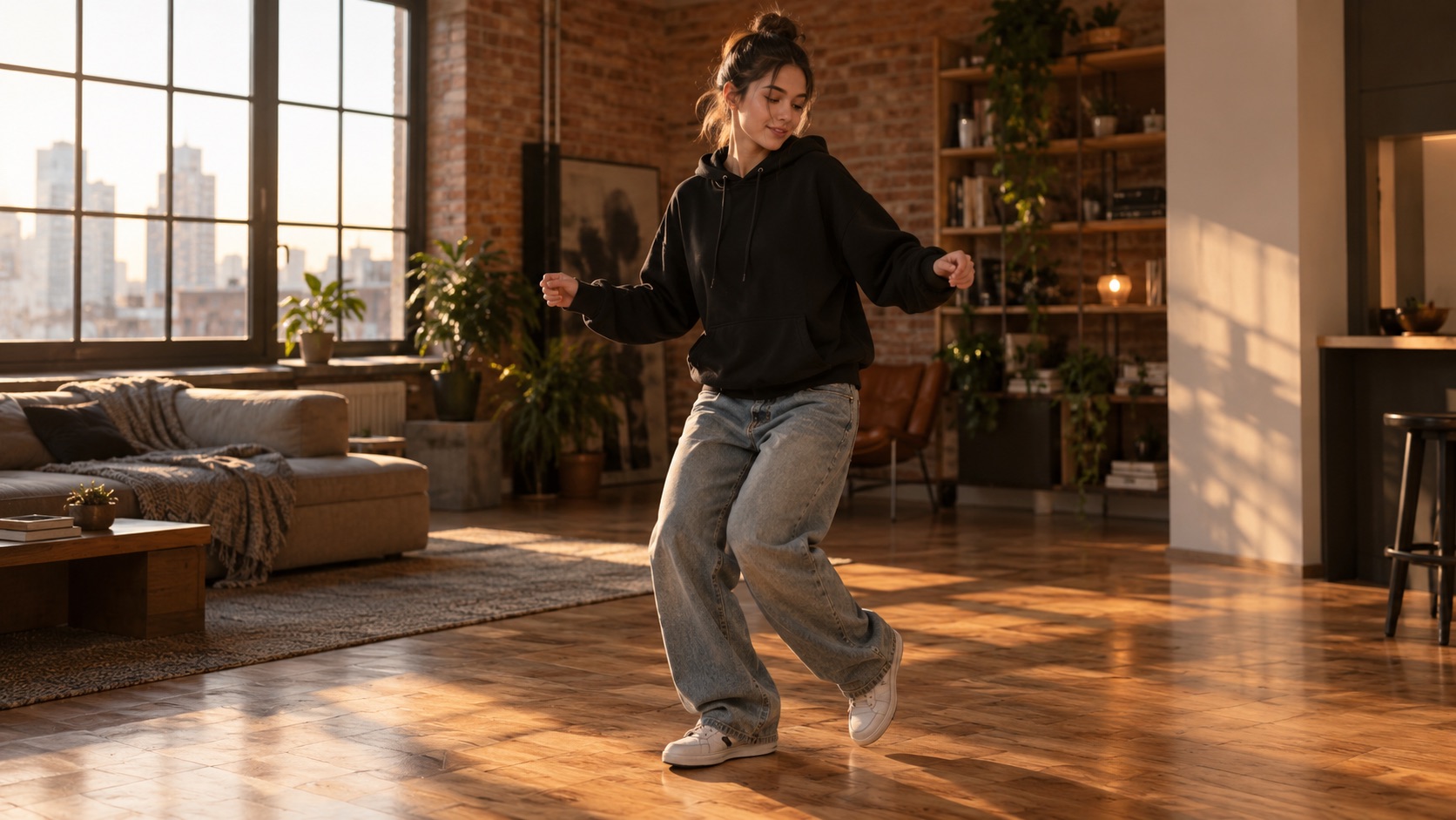 A person dancing in a warm-lit room, generated from a single photo