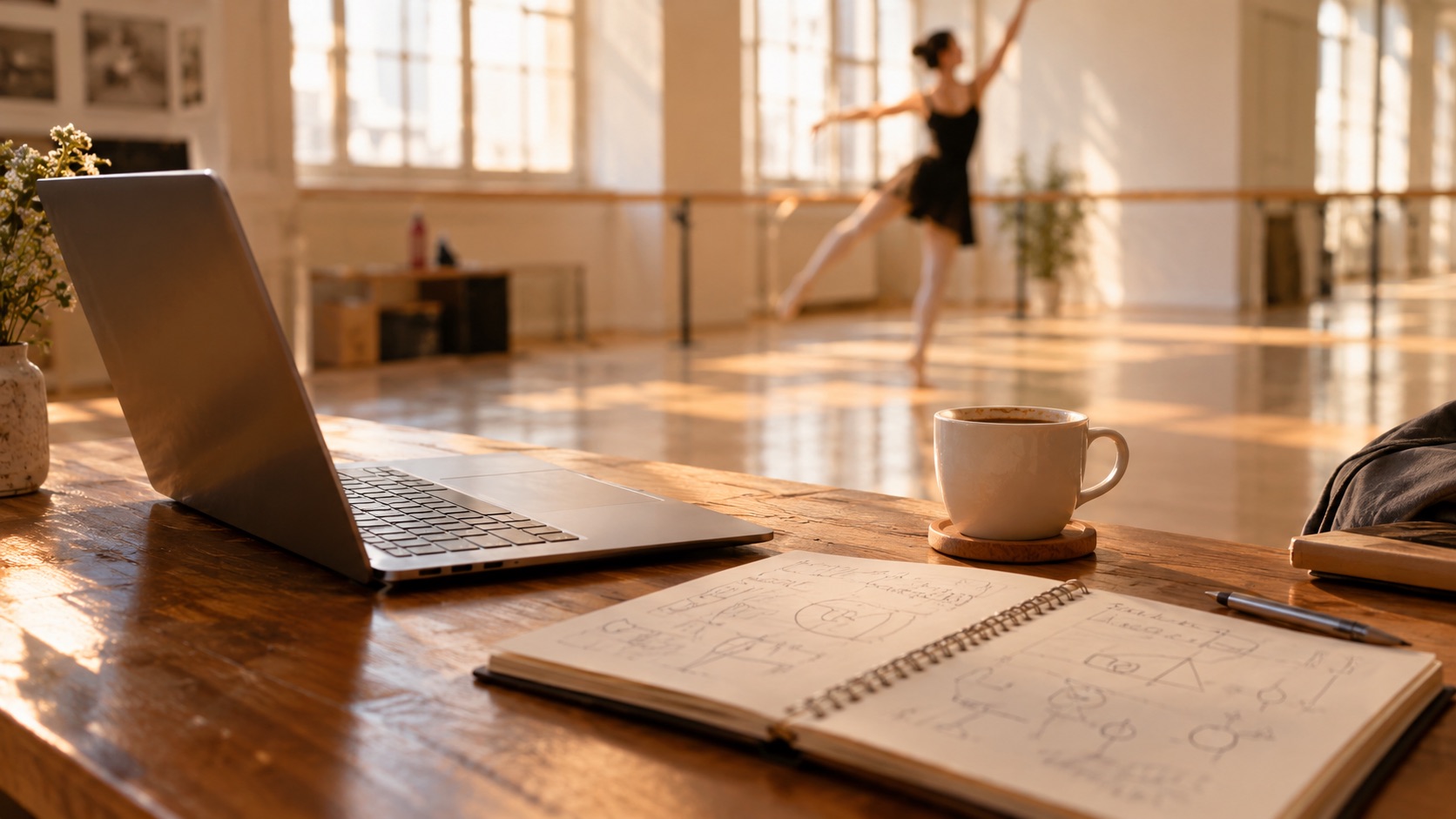 A prompt builder on a laptop beside a dance clip preview