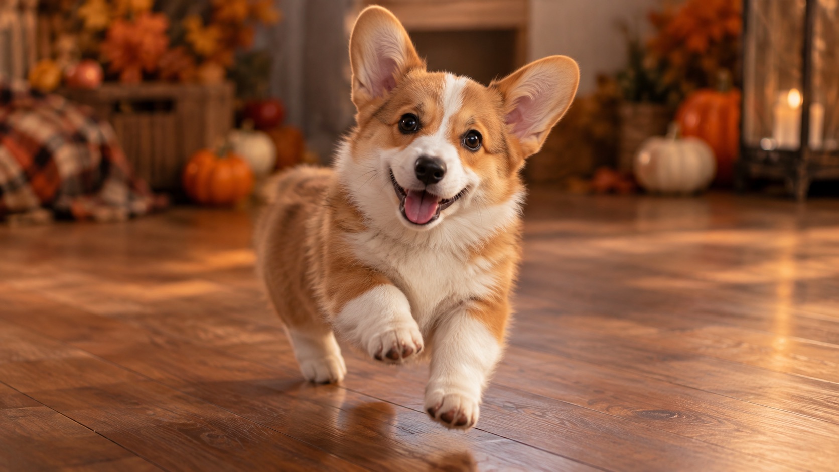 A small dog bouncing on the beat in a warm autumn studio