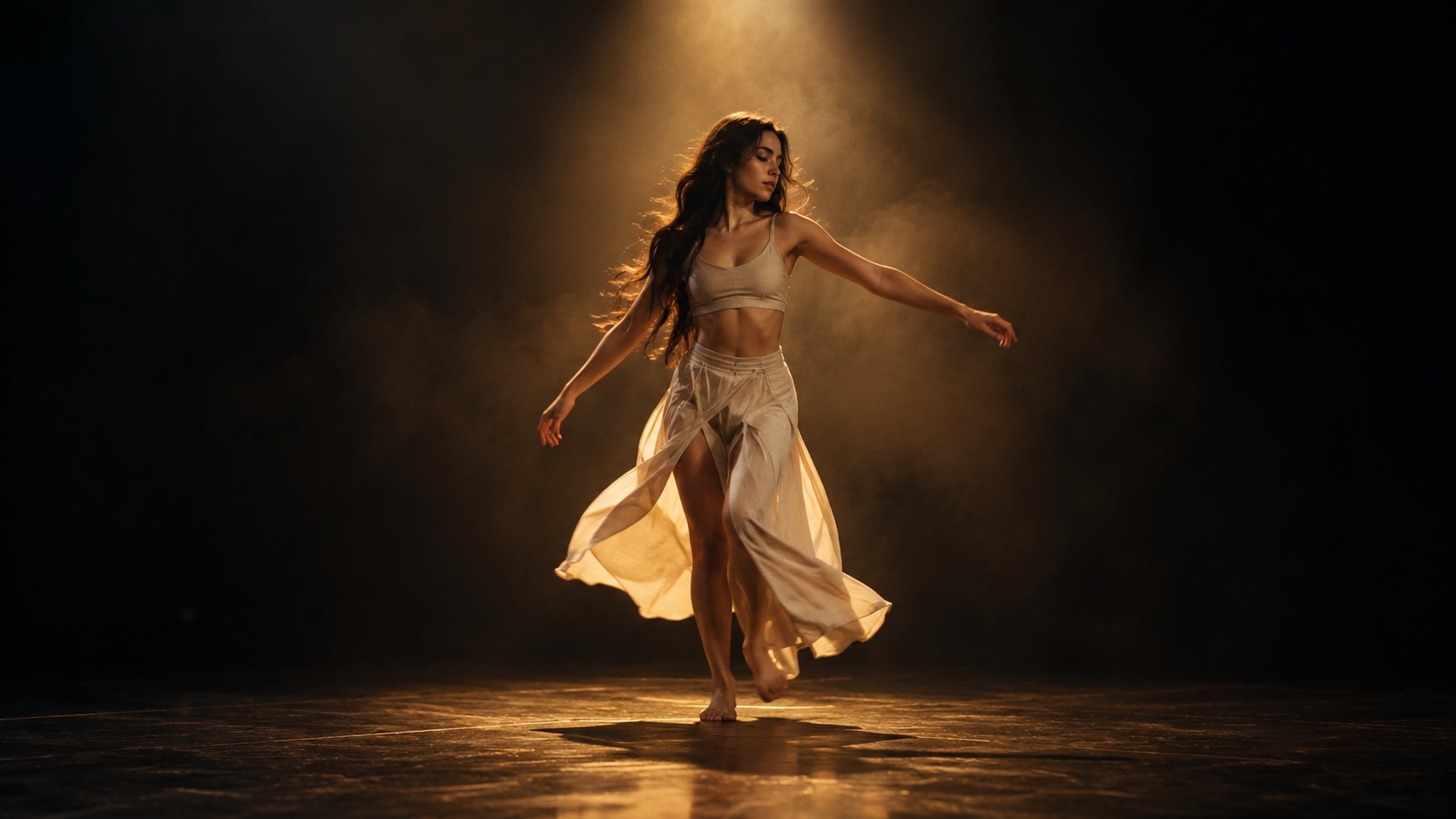 A dancer on a neon-lit stage, generated from a written scene description