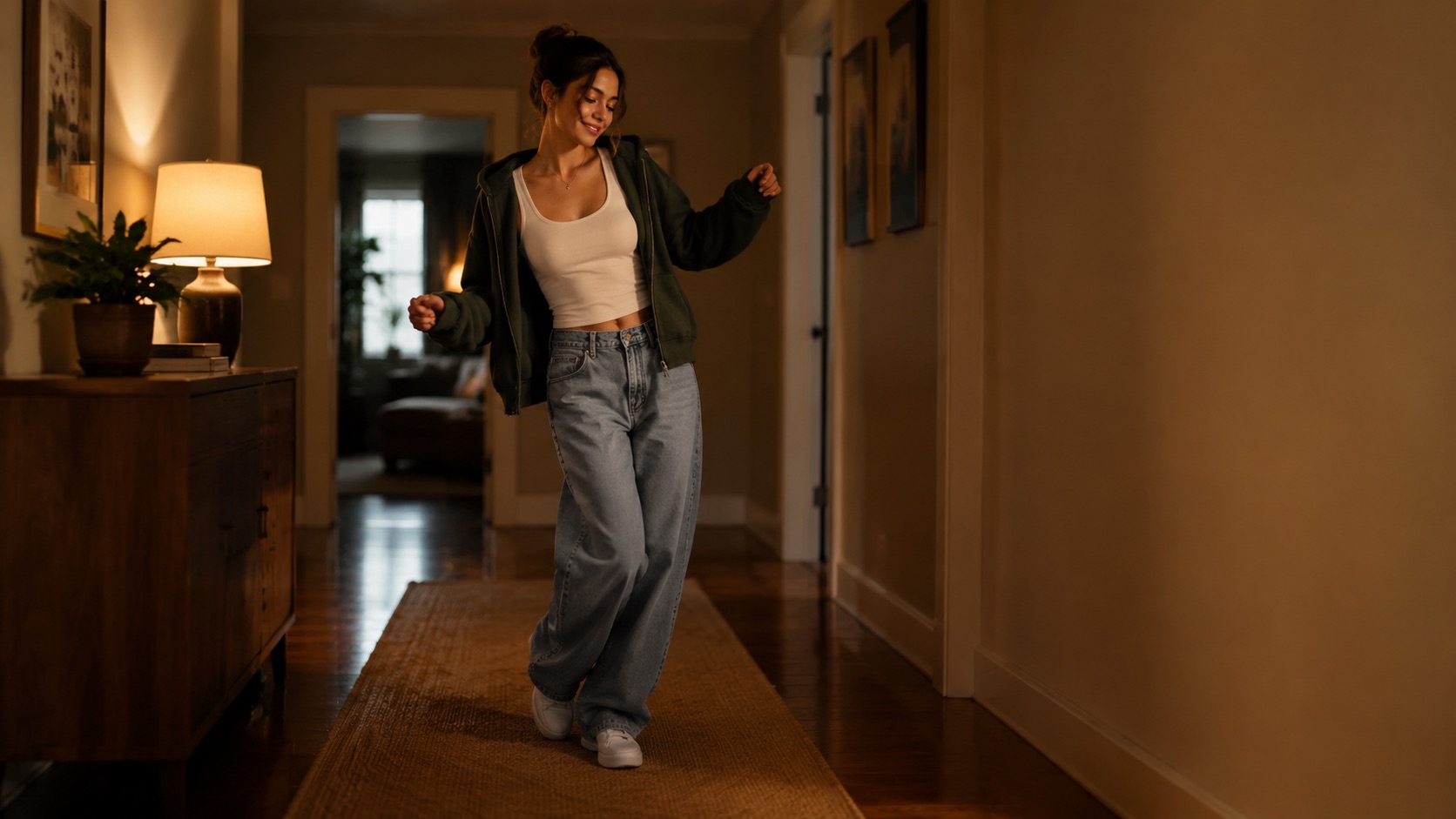 A person mid two-step bounce in a warm room, generated from a photo